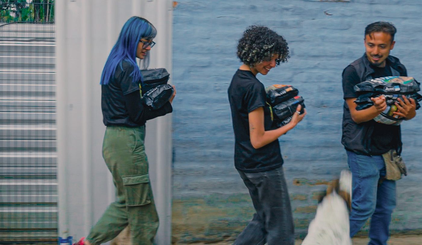 Tres integrantes del equipo cargan sacos de alimento mientras dos perros pasan por delante.
